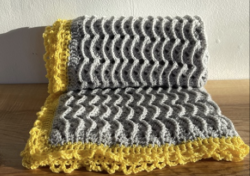 grey blanket with yellow trim img